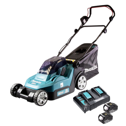 Makita DLM 382 CM2 Tondeuse à gazon sans fil 36 V ( 2x 18 V ) 38 cm 40 l + 2x batterie 4,0 Ah + double chargeur