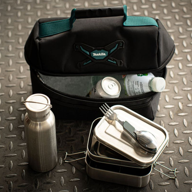 Toolbrothers Fan Lunchpaket in Makita Kühltasche mit Edelstahl Brotdose mit 2 Etagen und Edelstahl Deckel 1340 ml + Edelstahl Trinkflasche 500 ml + 4 in 1 Multifunktions Besteck - Toolbrothers