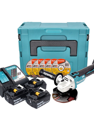 Makita DGA 504 RFJ3 Meuleuse d'angle sans fil 125mm Brushless 18V + 3x Batteries 3,0Ah + Chargeur + Coffret Makpac+ 5x Disques à tronçonner