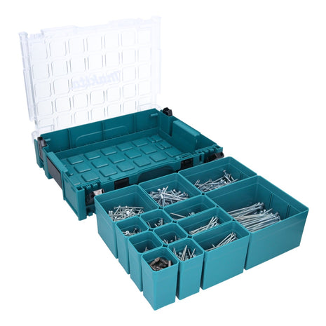 Makita MAKPAC 1 estuche organizador piezas pequeñas 395 x 295 x 110 mm (191X80-2) + surtido de tornillos para madera de 1000 piezas