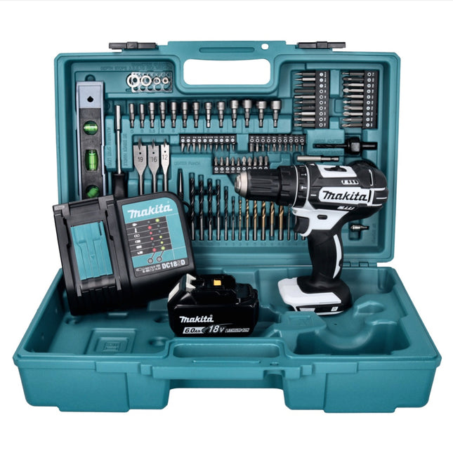 Makita DHP 482 SGX5W Akku Schlagbohrschrauber 18 V 62 Nm weiß + 1x Akku 6,0 Ah + Ladegerät + 101 tlg. Zubehör Set + Koffer - Toolbrothers