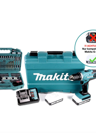 Makita DF 457 DWE 10 Perceuse-visseuse sans fil 42Nm série G 18V + 2x Batteries 1,5Ah + Chargeur + Coffret + Set de 101 Embouts de perçage