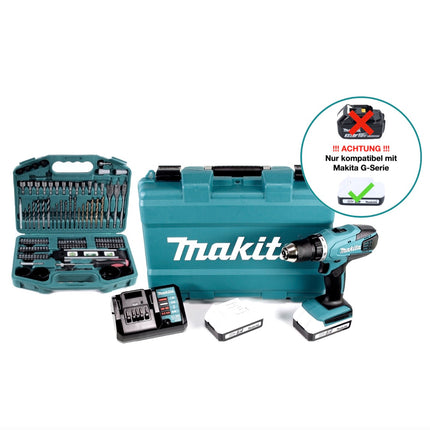 Makita DF 457 DWE 10 Perceuse-visseuse sans fil 42Nm série G 18V + 2x Batteries 1,5Ah + Chargeur + Coffret + Set de 101 Embouts de perçage