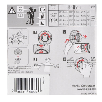 Makita Tap&Go Tête à 2 fils 2,0 mm pour coupe-bordures sans fil 18V DUR 187 et DUR 188 (191D91-7)