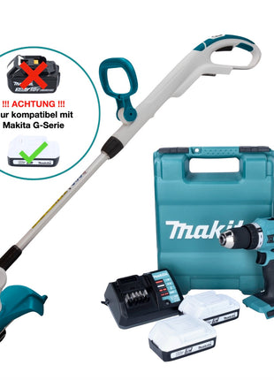 Makita DF 488 DWE Akku Bohrschrauber 18 V 42 Nm G-Serie + Makita UR 180 DZ Akku Rasentrimmer + 2x Akku 1,5 Ah + Ladegerät + Koffer - Toolbrothers