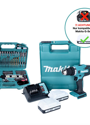 Taladro atornillador inalámbrico Makita DF 488 DWE10 18 V 42 Nm Serie G + 2 baterías 1,5 Ah + cargador + juego de brocas de 101 piezas + estuche