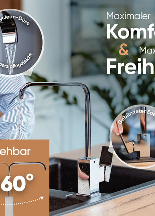 Rosenhahn & Söhne Juist 200 Küchenarmatur 360° Drehbarer Wasserhahn Küche - Armatur Küche [Chrom] - 2-fach verstellbare Spültischarmatur + Anschlussschläuche - Toolbrothers