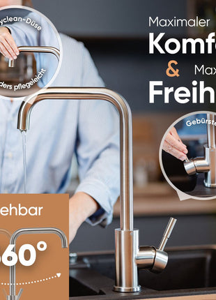 Rosenhahn & Söhne Föhr 100 Küchenarmatur 360° drehbarer Wasserhahn Küche - Armatur Küche [gebürsteter Edelstahl] - 2-fach verstellbare Spültischarmatur + Anschlussschläuche - Toolbrothers