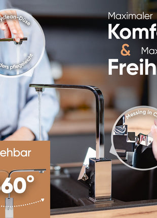 Rosenhahn & Söhne Juist 100 Küchenarmatur 360° Drehbarer Wasserhahn Küche - Armatur Küche [Chrom] - 2-fach verstellbare Spültischarmatur + Anschlussschläuche - Toolbrothers