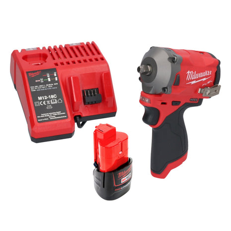 Llave de impacto a batería Milwaukee M12 FIW38-201C 12 V 339 Nm 3/8" sin escobillas + 1x batería 2,0 Ah + cargador