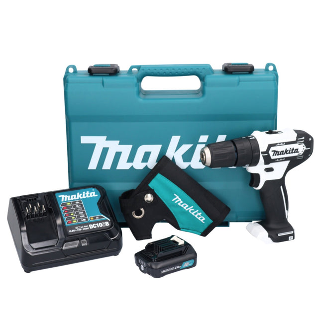 Perceuse à percussion sans fil Makita HP 333 DSAW 12 V 30 Nm blanche + 1 batterie 2,0 Ah + chargeur + étui + coffret