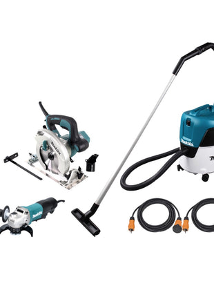 Meuleuse d'angle Makita GA 5050 R + scie circulaire électrique HS 6601 + aspirateur eau et poussière VC 2000 L + 2x rallonges