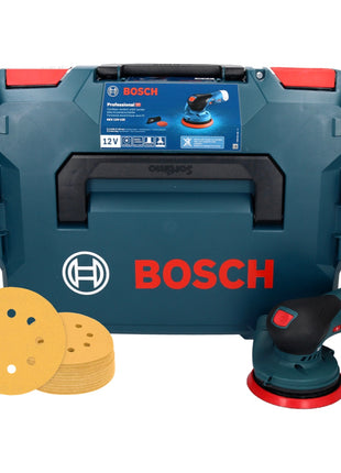 Bosch GEX 12V-125 Professional Ponceuse excentrique sans fil 125 mm 12V Brushless + 50x EXPERT C470 Papiers abrasifs K 120 + Coffret L-Boxx - sans batterie, sans chargeur