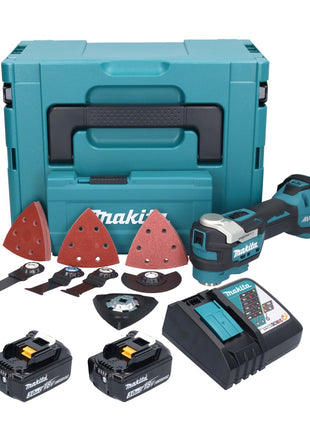 Herramienta multifuncional a batería Makita DTM 52 RFJX4 18 V Starlock Max Brushless + 2x baterías 3.0 Ah + cargador + set de accesorios + Makpac