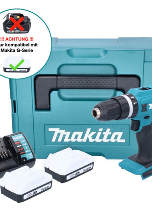 Makita HP 488 DWYJ 18 V Perceuse-visseuse à percussion sans fil 42 Nm série G + 2x Batteries 1,5 Ah + Chargeur + Coffret Makpac