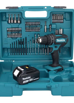 Taladro percutor inalámbrico Makita DHP 482 F1X1 18 V + 1x batería 3,0 Ah + set de accesorios 74 piezas + maletín - sin cargador