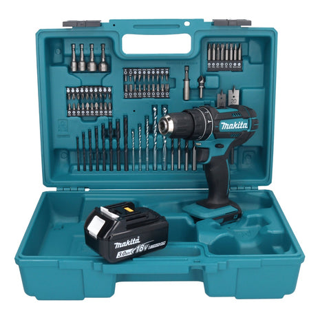 Taladro percutor inalámbrico Makita DHP 482 F1X1 18 V + 1x batería 3,0 Ah + set de accesorios 74 piezas + maletín - sin cargador