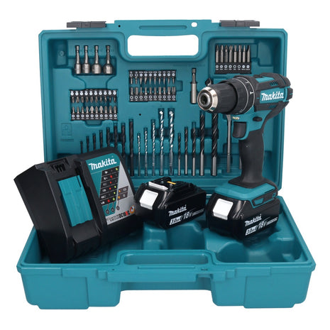 Makita DHP 482 RFX1 Perceuse-visseuse à percussion sans fil 18 V + 2x Batteries 3,0 Ah + Chargeur + kit d'accessoires - 74 pièces + Mallette