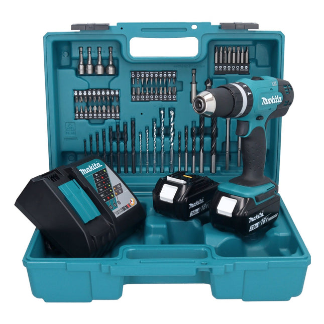 Makita DHP 453 RFX1 Perceuse-visseuse à percussion sans fil 18 V 42 Nm + 2x Batteries 3,0 Ah + Chargeur + Kit d'accessoires - 74 pièces + Coffret