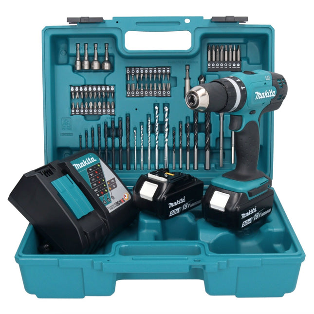Makita DHP 453 RTX1 Perceuse-visseuse à percussion sans fil 18 V 42 Nm + 2x Batteries 5,0 Ah + Chargeur + kit d'accessoires - 74 pièces + Coffret