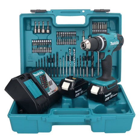 Taladro percutor inalámbrico Makita DHP 453 RGX1 18 V 42 Nm + 2x baterías 6,0 Ah + cargador + set de accesorios 74 piezas + estuche