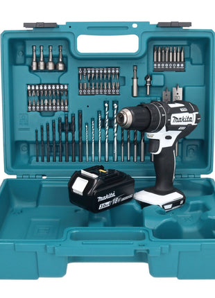 Taladro percutor inalámbrico Makita DHP 482 F1X1W 18 V 62 Nm + 1x batería 3,0 Ah + set de accesorios 74 piezas + maletín - sin cargador