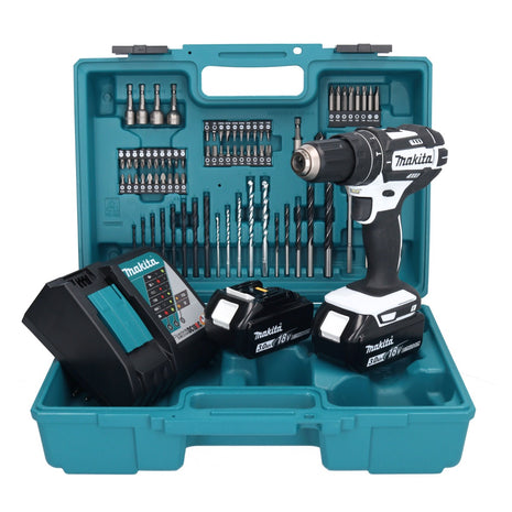 Makita DHP 482 RFX1W Perceuse-visseuse à percussion sans fil 18 V 62 Nm + 2x Batteries 3,0 Ah + Chargeur + kit d'accessoires - 74 pièces + Coffret