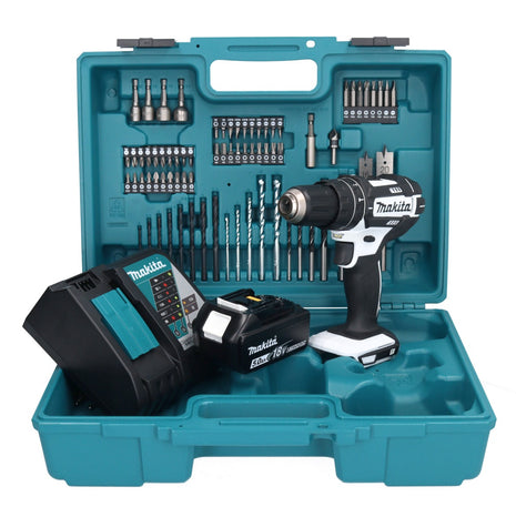 Makita DHP 482 RT1X1W Perceuse-visseuse à percussion sans fil 18 V 62 Nm + 1x Batterie 5,0 Ah + Chargeur + kit d'accessoires - 74 pièces + Coffret