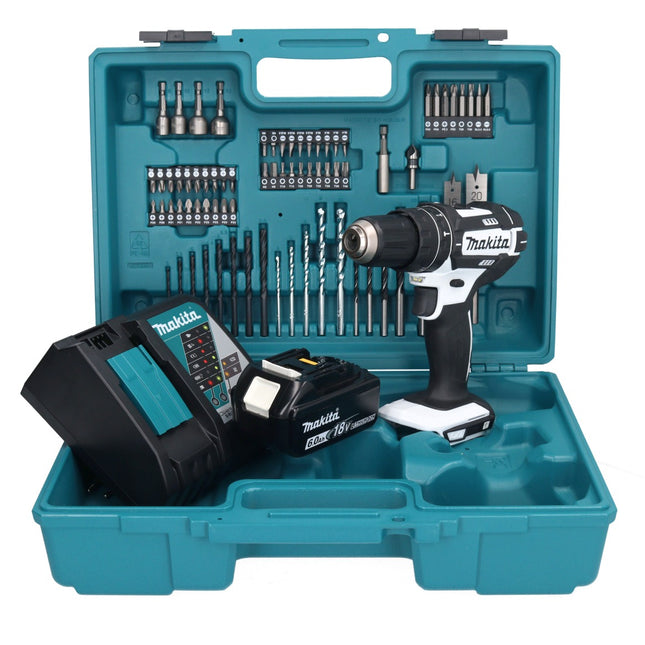 Makita DHP 482 RG1X1W Perceuse-visseuse à percussion sans fil 18 V 62 Nm + 1x Batterie 6,0 Ah + Chargeur + kit d'accessoires - 74 pièces + Coffret