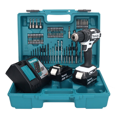 Makita DHP 482 RGX1W Perceuse-visseuse à percussion sans fil 18 V 62 Nm + 2x Batteries 6,0 Ah + Chargeur + kit d'accessoires - 74 pièces + Coffret