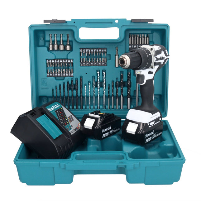 Makita DHP 484 RFX1W Perceuse-visseuse à percussion sans fil 18 V 54 Nm brushless blanc + 2x Batteries 3,0 Ah + Chargeur + set d'accessoires - 74 pièces + Mallette