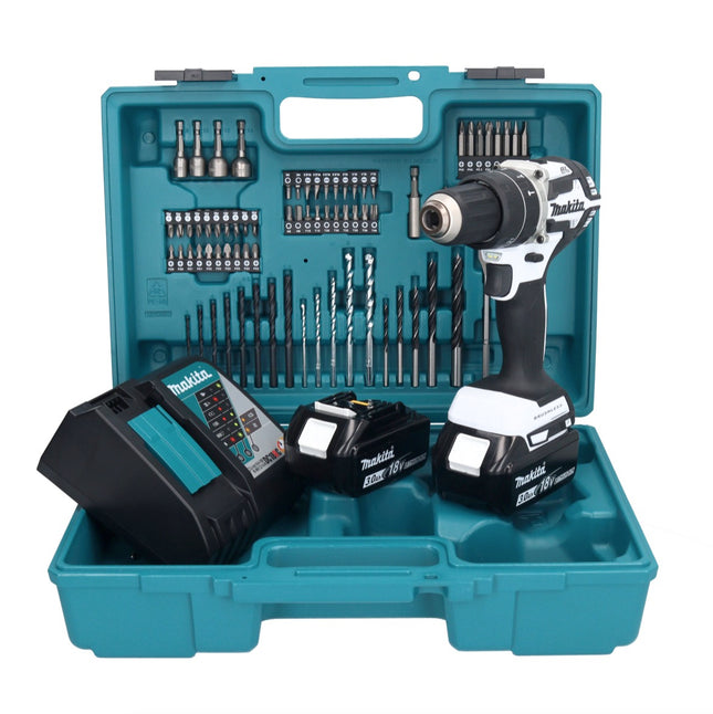 Makita DHP 484 RFX1W Perceuse-visseuse à percussion sans fil 18 V 54 Nm brushless blanc + 2x Batteries 3,0 Ah + Chargeur + set d'accessoires - 74 pièces + Mallette