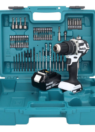 Makita DHP 484 T1X1W Perceuse-visseuse à percussion sans fil 18 V 54 Nm brushless blanc + 1x Batterie 5,0 Ah + kit d'accessoires - 74 pièces + Mallette - sans chargeur