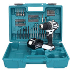 Makita DHP 484 T1X1W Perceuse-visseuse à percussion sans fil 18 V 54 Nm brushless blanc + 1x Batterie 5,0 Ah + kit d'accessoires - 74 pièces + Mallette - sans chargeur