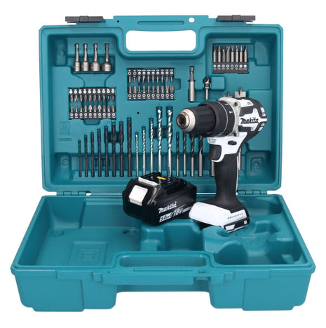 Makita DHP 484 T1X1W Perceuse-visseuse à percussion sans fil 18 V 54 Nm brushless blanc + 1x Batterie 5,0 Ah + kit d'accessoires - 74 pièces + Mallette - sans chargeur