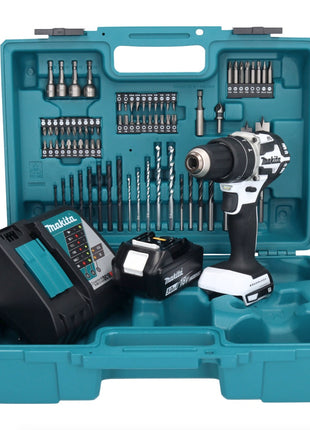 Makita DHP 484 RT1X1W Perceuse-visseuse à percussion sans fil 18 V 54 Nm brushless blanc + 1x Batterie 5,0 Ah + Chargeur + Set d'accessoires - 74 pièces + Mallette de transport