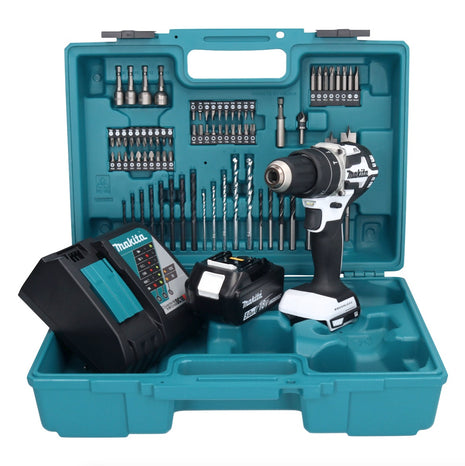 Makita DHP 484 RT1X1W Perceuse-visseuse à percussion sans fil 18 V 54 Nm brushless blanc + 1x Batterie 5,0 Ah + Chargeur + Set d'accessoires - 74 pièces + Mallette de transport