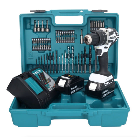 Makita DHP 484 RTX1W Perceuse-visseuse à percussion sans fil 18 V 54 Nm brushless blanc + 2x Batteries 5,0 Ah + Chargeur + Set d'accessoires - 74 pièces + Coffret