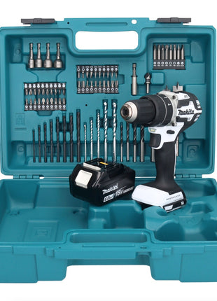 Makita DHP 484 G1X1W taladro percutor inalámbrico 18 V 54 Nm sin escobillas blanco + 1x batería 6,0 Ah + set de accesorios 74 piezas + maletín - sin cargador