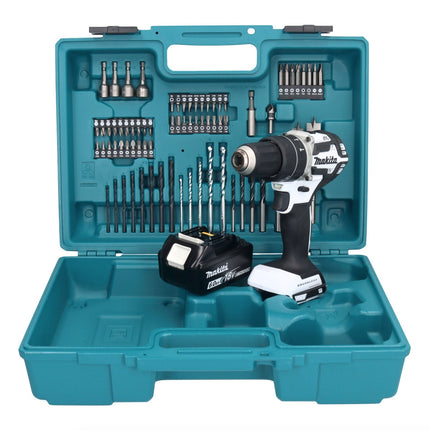Makita DHP 484 G1X1W Perceuse-visseuse à percussion sans fil 18 V 54 Nm brushless blanc + 1x Batterie 6,0 Ah + kit d'accessoires - 74 pièces + Mallette - sans chargeur