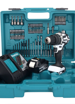 Makita DHP 484 RG1X1W perceuse-visseuse à percussion sans fil 18 V 54 Nm brushless blanc + 1x Batterie 6,0 Ah + Chargeur + set d'accessoires - 74 pièces + Mallette