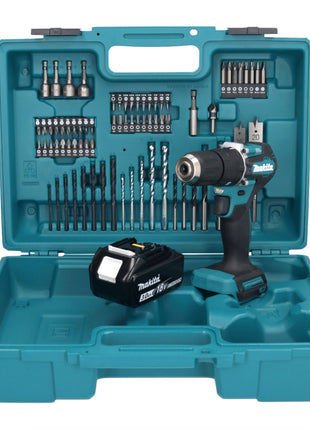 Makita DHP 487 F1X1 18 V Perceuse-visseuse à percussion sans fil 40 Nm brushless + 1x Batterie 3,0 Ah + kit d'accessoires - 74 pièces + Mallette - sans chargeur