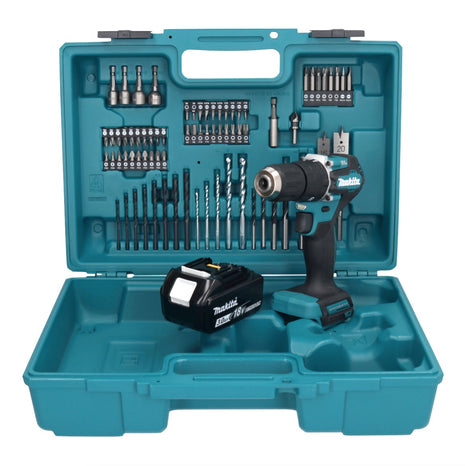 Taladro percutor inalámbrico Makita DHP 487 F1X1 18 V 40 Nm sin escobillas + 1x batería 3,0 Ah + juego de accesorios 74 piezas + maletín - sin cargador