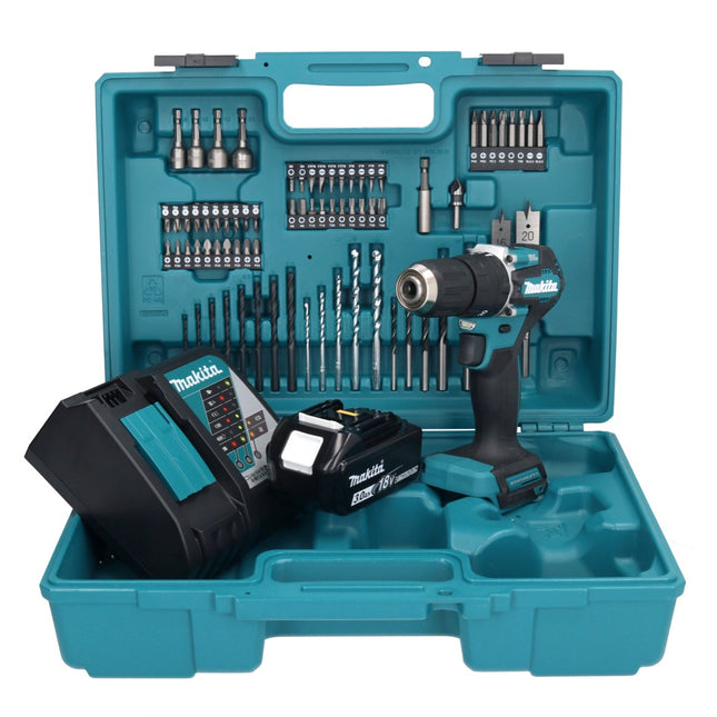 Makita DHP 487 RF1X1 18 V Perceuse-visseuse à percussion sans fil 40 Nm sans balais + 1x Batterie 3,0 Ah + Chargeur + Kit d'accessoires - 74 pièces + Mallette