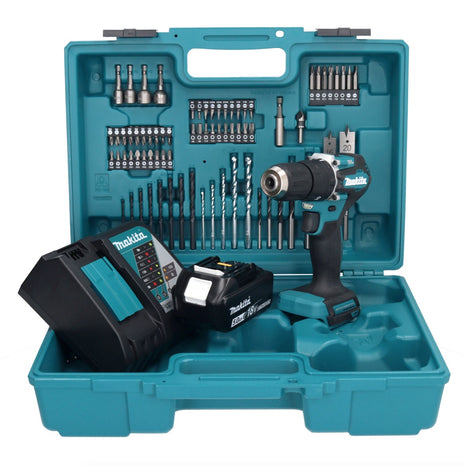 Taladro percutor inalámbrico Makita DHP 487 RT1X1 18 V 40 Nm sin escobillas + 1x batería 5,0 Ah + cargador + set de accesorios 74 piezas + estuche