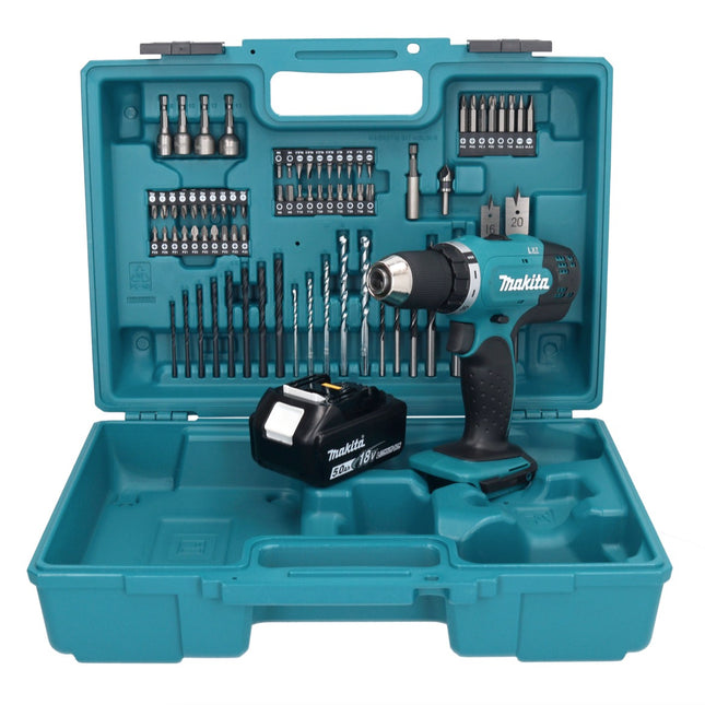 Makita DDF 453 T1X1 Perceuse-visseuse sans fil 18 V 42 Nm + 1x Batterie 5,0 Ah + kit d'accessoires - 74 pièces + Mallette - sans chargeur