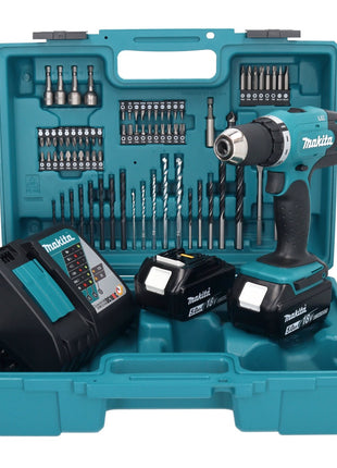 Makita DDF 453 RTX1 taladro atornillador inalámbrico 18 V 42 Nm + 2x baterías 5,0 Ah + cargador + set de accesorios 74 piezas + maletín