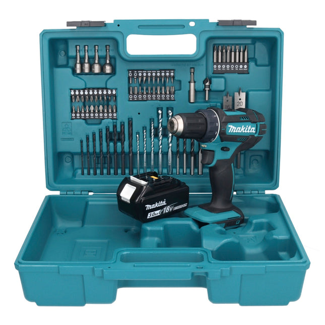 Makita DDF 482 F1X1 Perceuse-visseuse sans fil 18 V 62 Nm + 1x Batterie 3,0 Ah + kit d'accessoires - 74 pièces + Mallette - sans chargeur