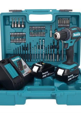 Makita DDF 482 RFX1 taladro atornillador inalámbrico 18 V 62 Nm + 2x baterías 3,0 Ah + cargador + set de accesorios 74 piezas + maletín