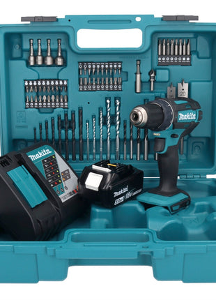 Makita DDF 482 RT1X1 taladro atornillador inalámbrico 18 V 62 Nm + 1x batería 5,0 Ah + cargador + set de accesorios 74 piezas + maletín